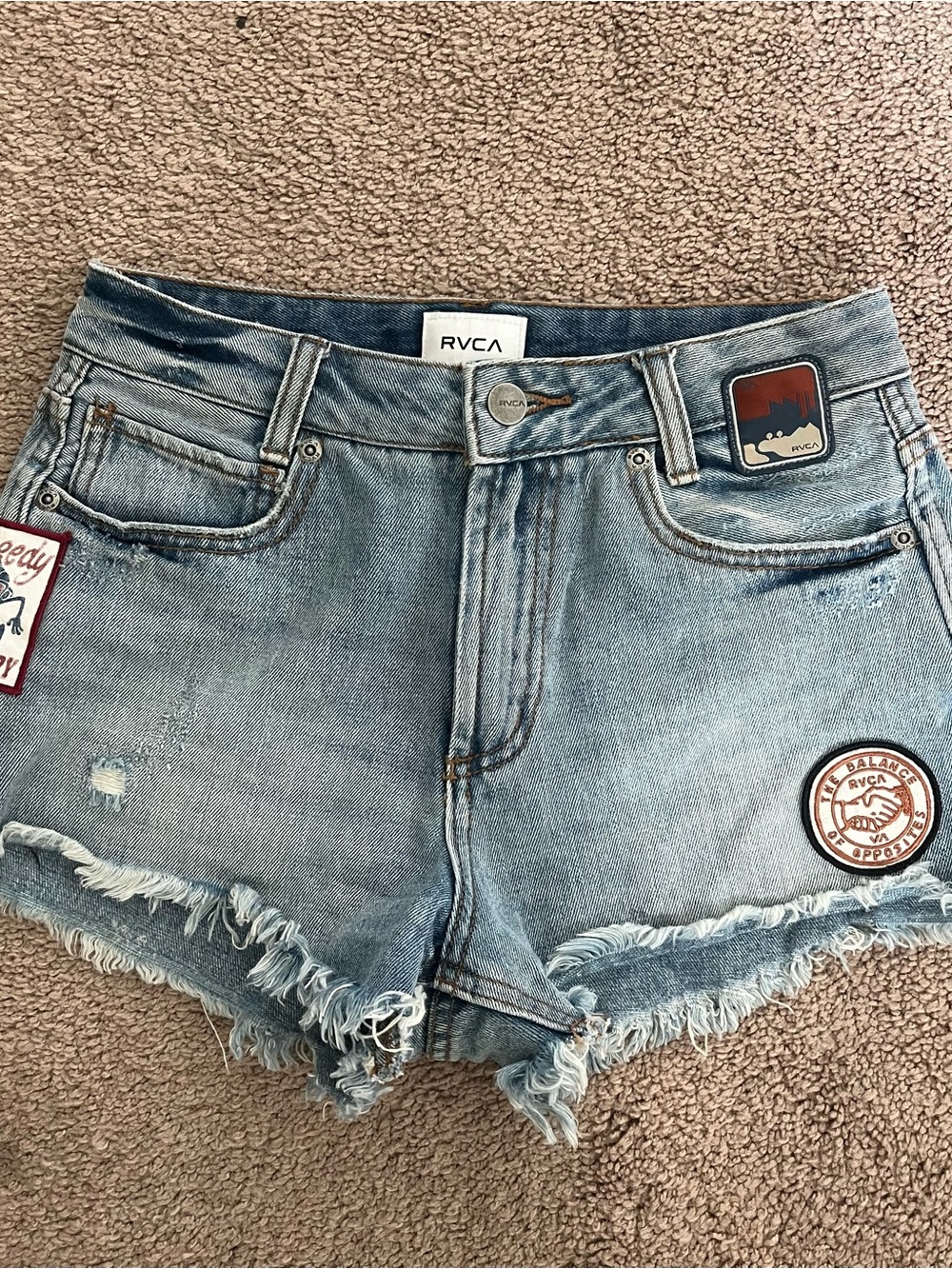 RVCA Light Blue Distressed Patch Denim Shorts